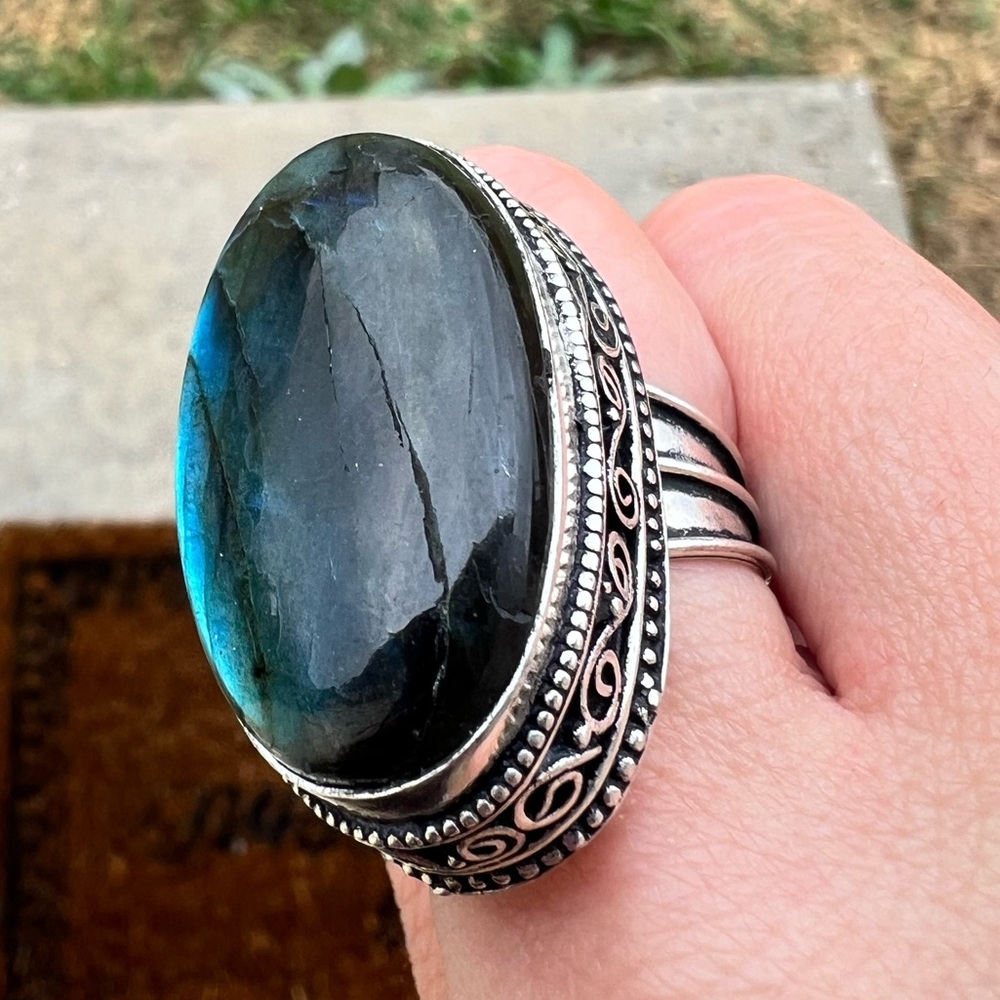 Large Blue Labradorite Statement Ring In Stamped … - image 4